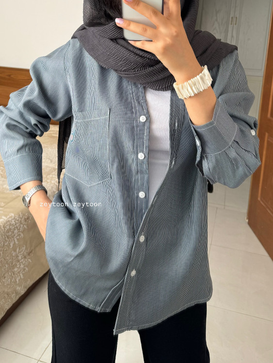 شومیز کوتاه راه راه سورمه ای