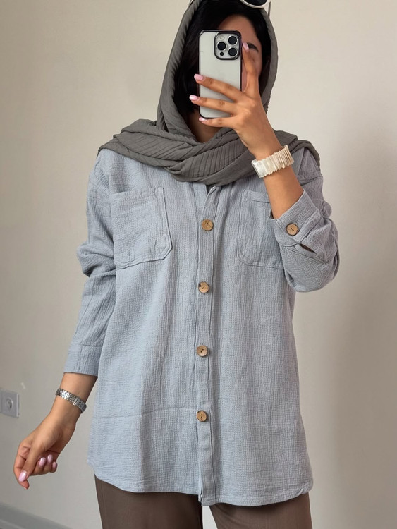 شومیز مانتویی کنفی حصیری طوسی