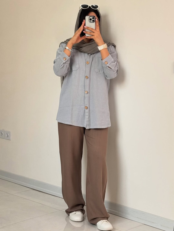 شومیز مانتویی کنفی حصیری طوسی