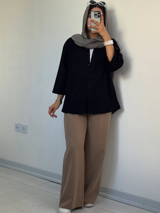 شومیز مانتویی لینن اسلپ مشکی