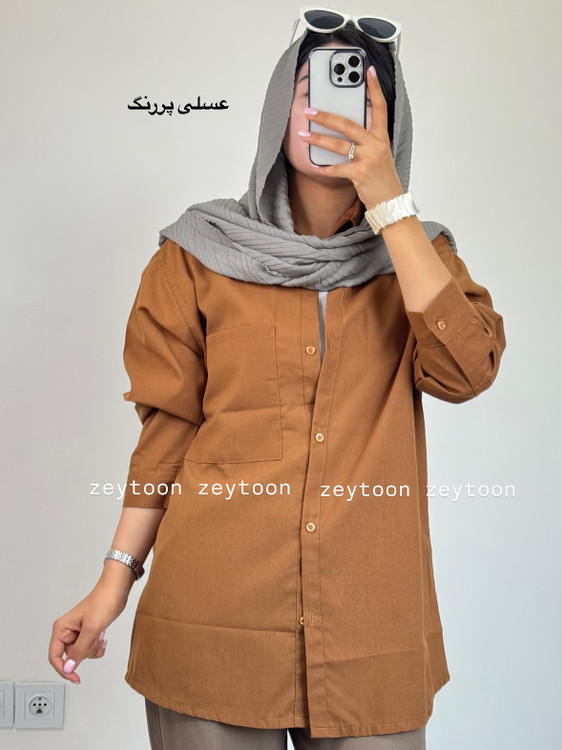 شومیز مانتویی بلند رنگ عسلی