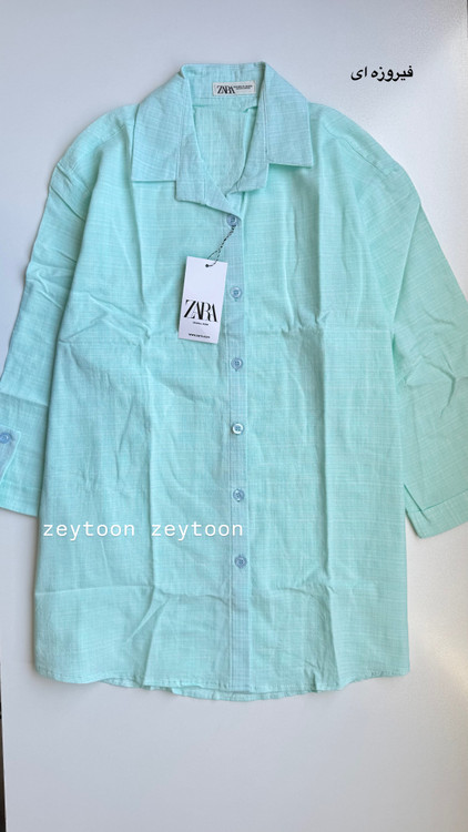 شومیز مانتویی لنین اسلپ فیروزه ای