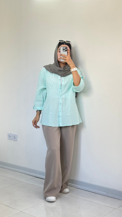 شومیز مانتویی لنین فیروزه ای