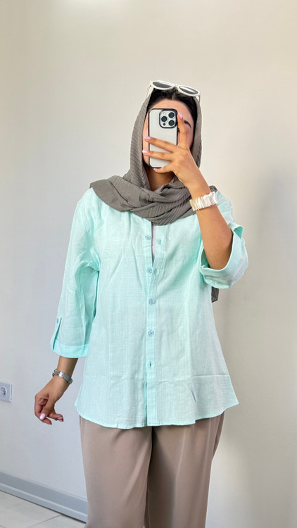 شومیز مانتویی لینن فیروزه ای