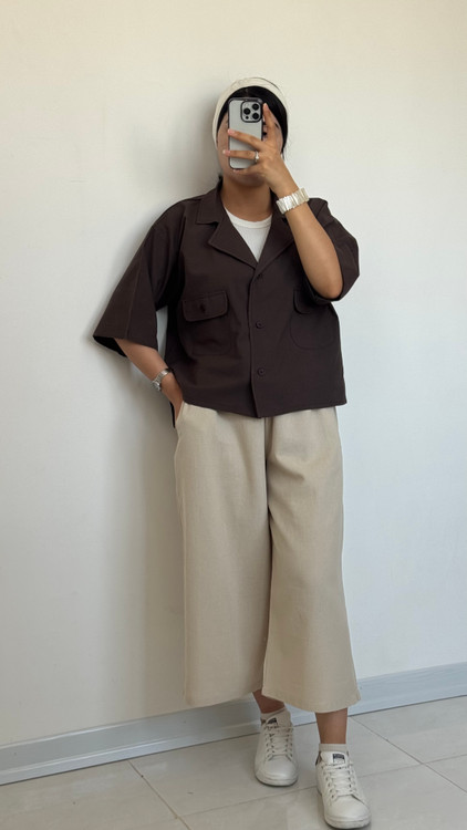 کت کراپ قهوه ای سوخته لینن