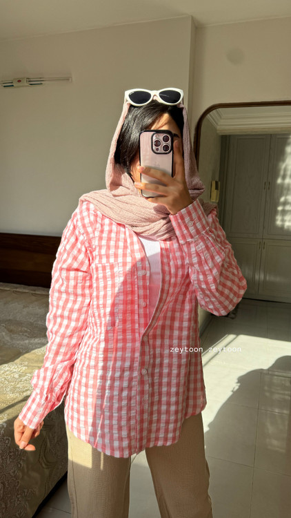 شومیز بهاری چهارخونه صورتی