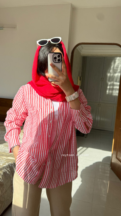 شومیز کوتاه راه راه قرمز صورتی