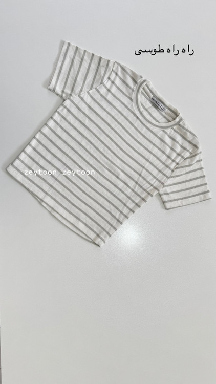 کراپ تیشرت راه راه طوسی سفید